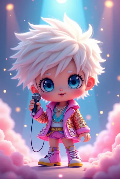 1 male, mini character, fluffy illustration, white hair, blue eyes, idol outfit, microphone, cool

