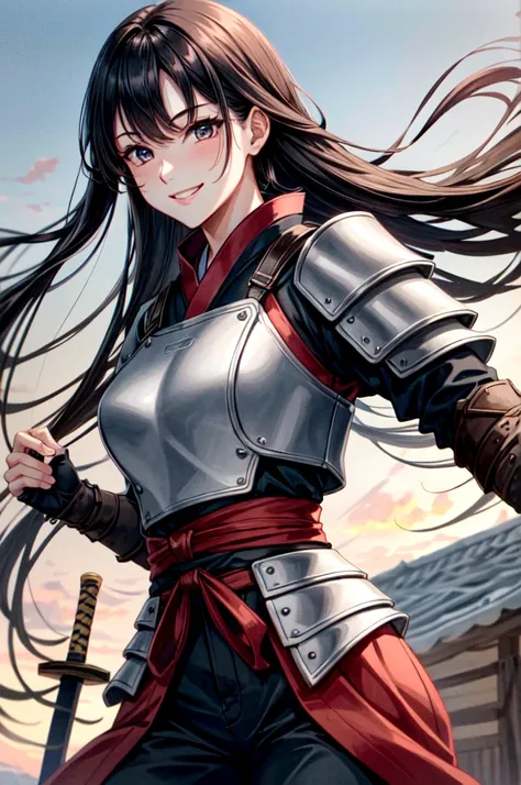 Woman in armor holding a sword, Female Samurai, military adviser, A woman wearing light armor, Beautiful female warrior, smile, Black Hanfu, black eye, Black Hair, Long Hair, Tight waist, Five fingers, cinematic lighting, close-up, cowboy shot, UHD, retina...