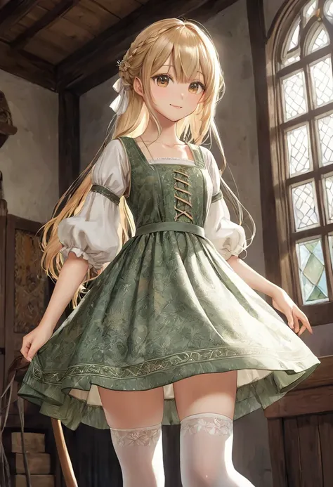 Kind Face, Medieval one-piece dress with panniers, Fabric Realism, Low Angle, Pull up the dress by hand, Strong winds, Translucent slip,White Stockings, Highest quality, Full body portrait、Very young、１people、 a realistic dress made of patterned cotton fabr...