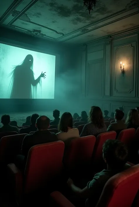 An old cinema, with red velvet chairs, where the audience is huddled in fear. In the depths of the screen, a sinister shadow begins to move, creating a sense of panic in the room. A ghostly figure seems to be emerging from the screen towards the audience, ...