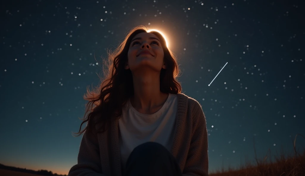 20 year old, girl,dressed with t-shirt underneath, watching total solar eclipse, and shower of shooting stars in dark sky, brunette, european, closeup upper body, sitting hugging his legs.