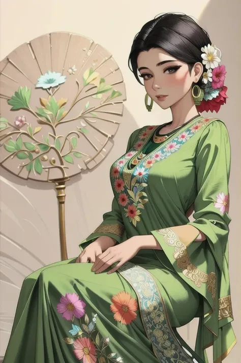 ((Masterpiece, best quality,edgQuality))
edgMeso, a woman in a green dress with flowers on it ,wearing edgMeso clothing
 jhumka earrings 