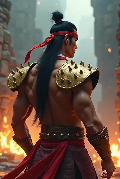 Liu Kang mortal kombat with long hair and bun tied with a red headband, No blouse, golden shoulder pads with several spikes 