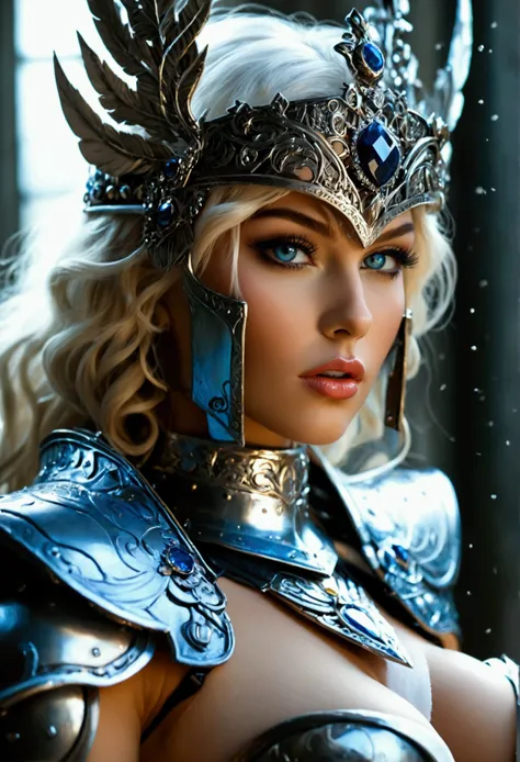 Create an image of a stunningly gorgeous beautiful perfect sexy valkyrie, Stunningly gorgeous beautiful seductive face, silver and sapphire crown, long luscious eyelashes, black eyeliner, perfect color makeup, detailed vibrant icy blue eyes, curved lips, G...