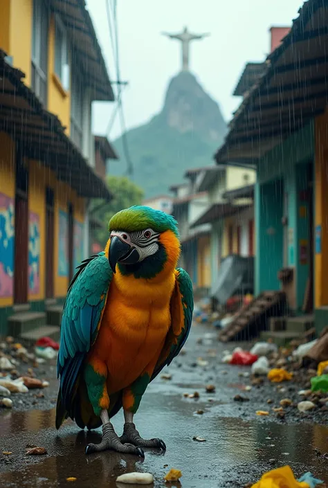 4k image of Zé carioca in the favela in Rio de Janeiro on a rainy day in a dirty environment with a lot of trash and the Christ the Redeemer highlighted 