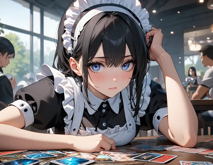 ((best quality)), ((masterpiece)), (detailed), perfect face, ((Best quality, 8k, Masterpiece: 1.3)), Sharp focus, Highly detailed face and skin texture, Detailed eyes, Maid apron, white brim, maid, black hair, hair over shoulder, Trading Card Game, playing...