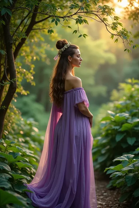 I want a woman wearing a purple dress in the bushes.
