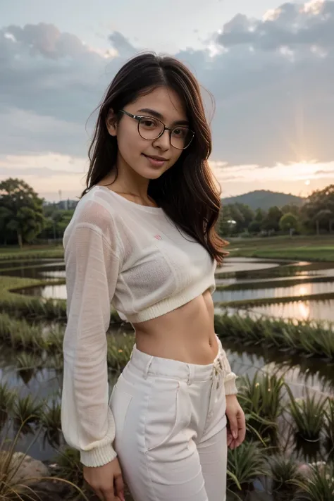 young sweet beautiful bogor city girl standing cheerful on wide rice  field near bogor, descent mixed from sundanese and javanes...