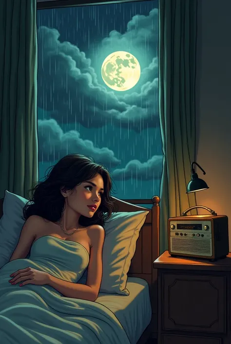 A woman lying in bed looking towards the window, In a nearly cartoonish image, on a small table an old radio, and in the window you can see the moon and some rain, that the atmosphere of the scene breathes the nostalgia and sadness of a melancholic salsa s...