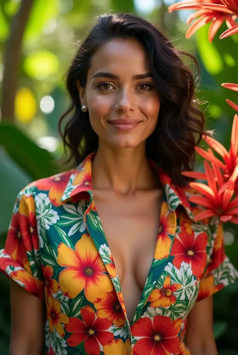 A Brazilian woman in a lush tropical garden, wearing an open shirt with a floral print, with a close-up capturing the harmonious beauty between her breasts and the natural flowers, showing off your natural charm and outgoing personality.