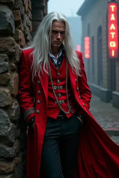 Vladimir from League of Legends as a Dark Fantasy in the 1980s. Leaning on the original skin, with the long white hair. Also consider the pose. Make the outfit really similar to the original skin. With the red vest with buttons and thin chains. The long re...