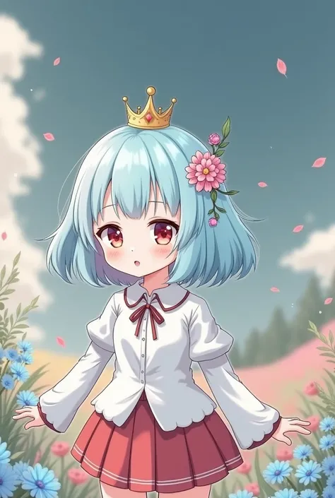 18 year old beautiful girl, masterpiece, best quality, 8K animation, detailed fingers, precise fingers, not unnatural hands, illustration, 1 girl, solo, pink bob cut, gold crown, flower hair ornament, sagging eyes, red mini skirt, YUI