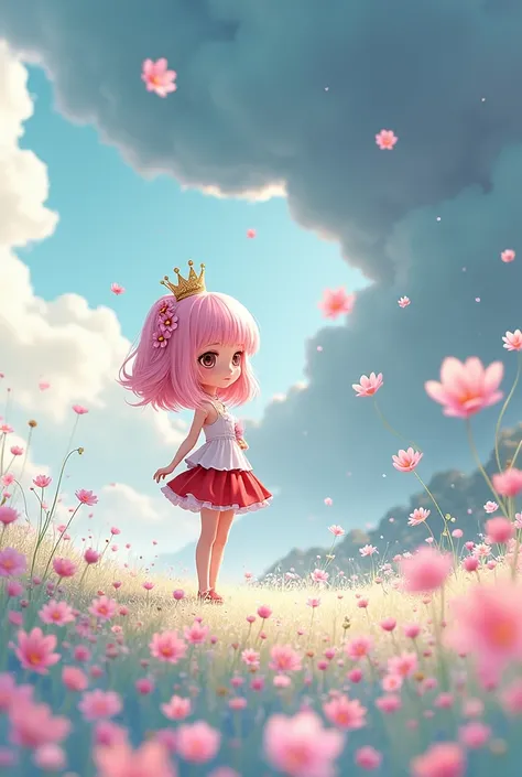 18 year old beautiful girl, masterpiece, best quality, 8K animation, detailed fingers, precise fingers, not unnatural hands, illustration, 1 girl, solo, pink bob cut, gold crown, flower hair ornament, sagging eyes, red mini skirt, YUI