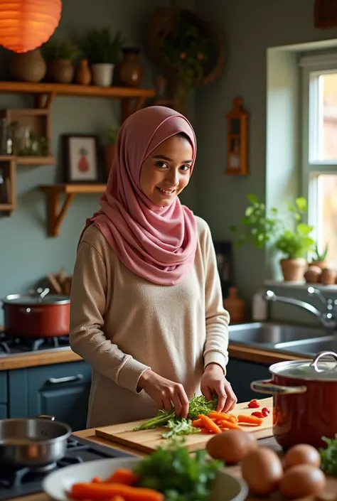 A beautiful muslim girl in home and she make dinner 