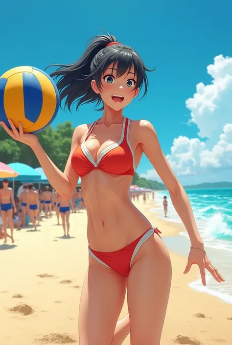 (One Woman),(Japanese female beach volleyball players),(Bikini style beach volleyball uniform),Slit eyes、smile