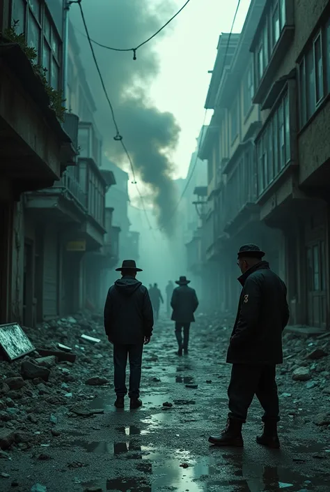 A street full of broken glass, shattered shop windows and smoke rising. Jewish people, some wounds, they look with despair at their destroyed shops while, In the background, the figures of the attackers are seen disappearing into the night.



  
