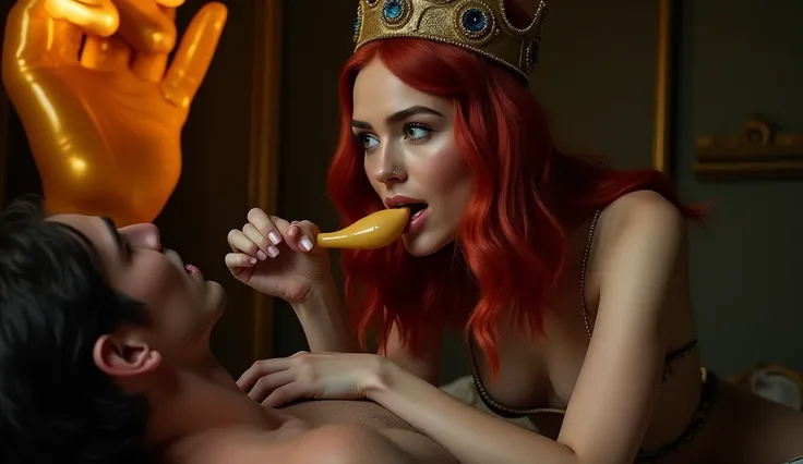 A woman with red hair, wearing a crown, is sitting on a mans lap. She is licking a penis with her tongue, while the man with the penis is off-camera. The scene is set in a dark room, with a focus on the womans face, and the background has a giant amber sta...