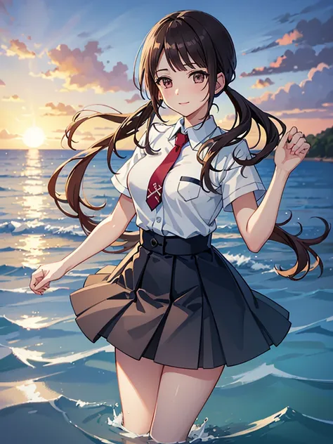 ((Highest quality,masterpiece)),(16K,Ultra-high resolution,Super detailed)1girl, 独奏,okitasawa, low twintail,white shirt, short sleeves, red necktie, blue skirt,The Japanese summer coast in the evening,Highly detailed facial features, Beautiful and perfect ...