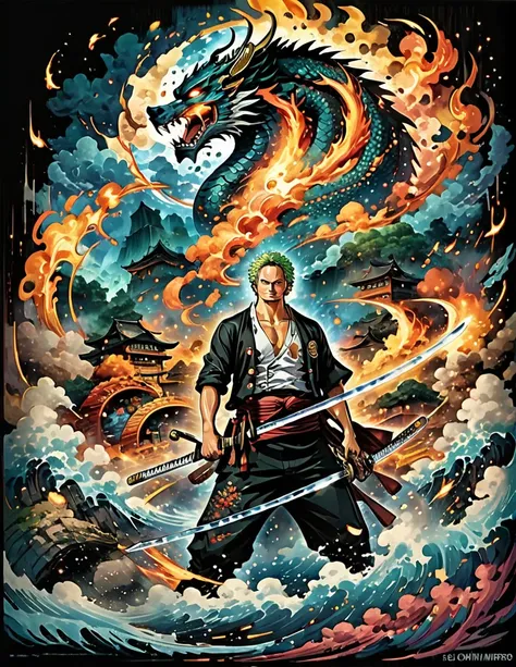 roronoa zoro from anime one piece holding two swords and other one in the mouth. posed. best angle. samurai. particle fire. drag...