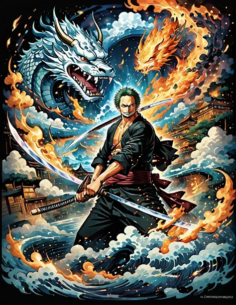 Roronoa Zoro from anime one piece holding two swords and other one in the mouth. Posed. Best angle. Samurai. Particle fire. Dragon circle. A little dark background. Art style of wano arc and modern. symmetrical epic fantasy art, el bosco and dan mumford, i...