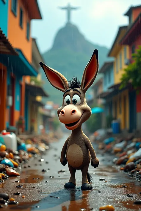 Image of a cartoon character, a donkey from Rio de Janeiro, in a favela in Rio de Janeiro on a rainy day, in a dirty environment with lots of trash, with Christ the Redeemer highlighted. 