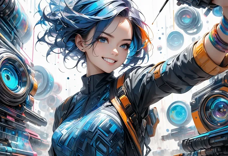 One woman,A hand with a fist raised,Smiling,Angry,Exquisite illustrations in a highly imaginative cyberpunk surrealist art style,Tubes connected to external machines, Stylish watercolor blue pattern on a white background, Brush Blur Effect,( high quality, ...