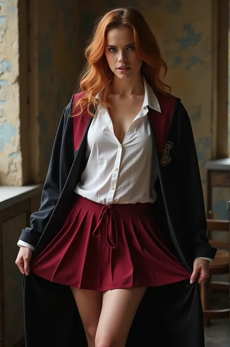 Woman resembling Emma Watson in her character as Hermione Granger, dressed in the Hogwarts uniform. Lifting her skirt and blouse. Show the vulva the bare breasts. Open legs showing the vulva in the foreground