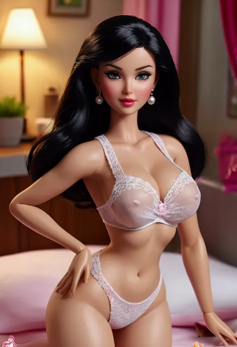 a pin up picture of Barbie with black hair, silicon skin (best details, Masterpiece, best quality :1.5), ultra detailed face doll-like, plastic (best details, Masterpiece, best quality :1.5), ultra feminine, curvy body, large breasts (best details, Masterp...