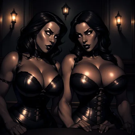 a beautiful detailed portrait of two extremely busty black women wearing black corsets, black lipstick, holding black whips, highly detailed, photorealistic, 8k, hdr, dramatic lighting, cinematic, chiaroscuro, dramatic shadows, moody, gothic, dark, sensual...