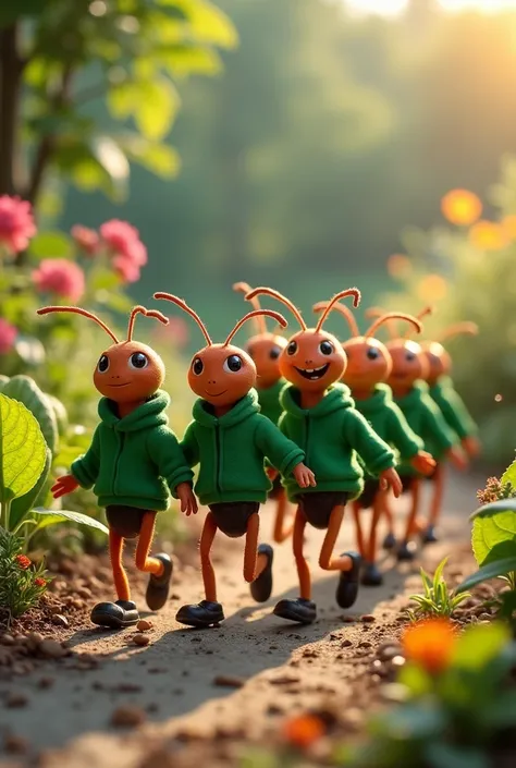 Team of ants wearing green sweatshirts