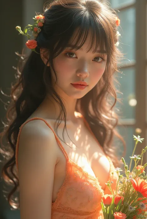 {{{{{3,318 trillion pixels high resolution, nsfw, Realistic scenery and lovely Japanese girl as her nudity in a romantic Cylindrical crystal sparkling herbarium filled with flower oil, thicken the lips look pretty, Boobs are fluffy and bouncy, Tits that ge...