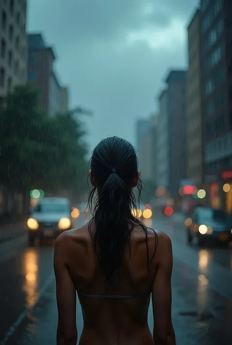 A women with no shirt in the rain looking for shelter