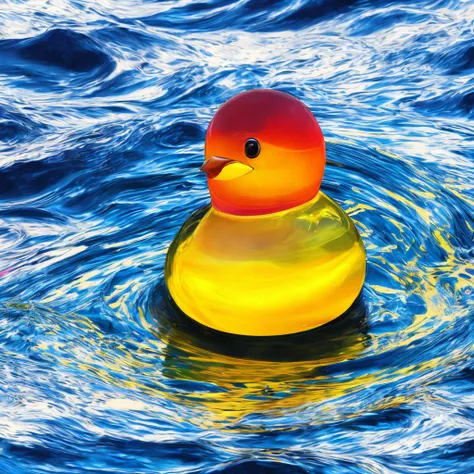 Shiny gemstone in the shape of a rubber duck floating in a pool of colorful perfume, liquid ripples, waves, water droplets, photorealism, mystical, enigmatic, digital oil painting, trending on artstation, Professional, masterpiece, commissioned