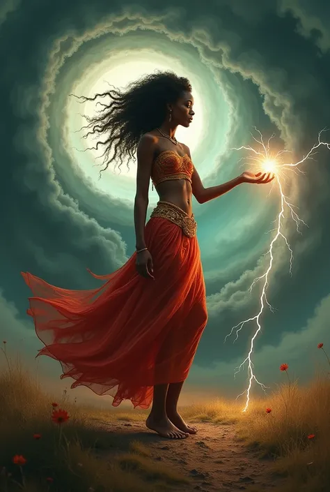 Black woman Orisha, warrioress, curled hair, red and gold clothing, bare feet, in the middle of a tornado, with lightning coming out of his hand