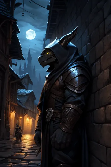 A Dragonborn Rogue with black scales and glowing yellow eyes moves stealthily through a medieval town at night.. He wears dark, tight-fitting leather clothes., with a hood that partially hides his draconic face. In one hand, he holds a sharp dagger, while ...