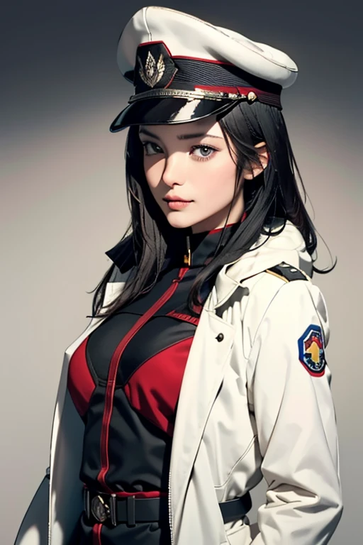 Highest quality　High resolution　Simple　White military uniform with a stand-up collar　army officers　military cap　class seal　white open coat　Baggy　Long bangs　Adult female　Casual expression　cute　Strong posture　Dynamic Lighting　（（head to waste:1.8））