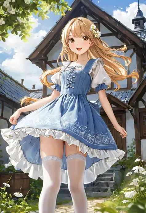 Kind Face, Medieval one-piece dress with panniers, Fabric Realism, Low Angle, Pull up the dress by hand, Strong winds, Translucent slip,White Stockings, Highest quality, Full body portrait、Very young、１people、 a realistic dress made of patterned cotton fabr...