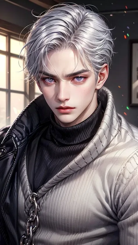 Boy, silver hair, purple eyes, serious sharp features, white skin, shiny lips, handsome, sweater
