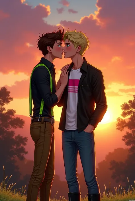 Jesse and Lukas, sitting at sunset, They kiss in a scene that shows their love. Lukas, blonde and aqua eyes, holds Jesse by the waist. Jesse, brown hair and green eyes, He runs his hands over Lukas&#39;s shoulders. Jesse wears a black shirt with green susp...