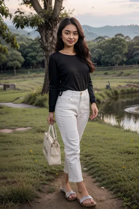 young sweet beautiful bogor city girl standing cheerful on wide rice  field near bogor, descent mixed from sundanese and javanes...