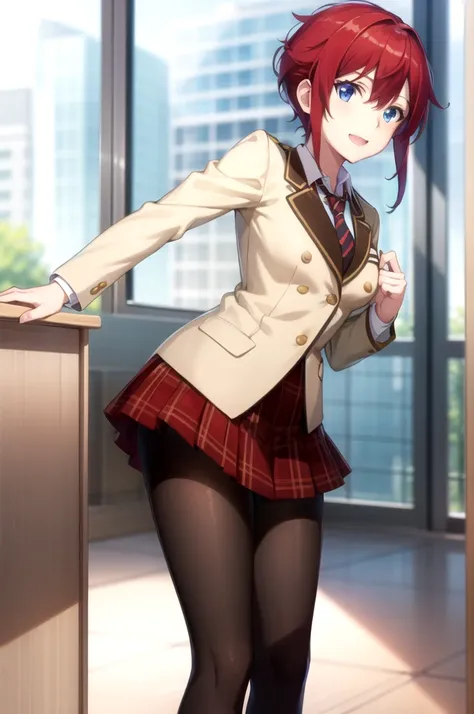 Highest quality, masterpiece, Very detailed,
Aoi Sakurai RW,
Open your mouth, A light smile,
blue eyes, Redhead, short hair, 丸みshort hair,
school uniform, blazer, tie, Red Skirt, pantyhose,
Are standing, Looking at the audience,
classroom