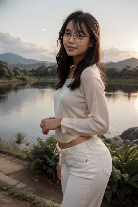 young sweet beautiful bogor city girl standing cheerful on wide rice  field near bogor, descent mixed from sundanese and javanes...