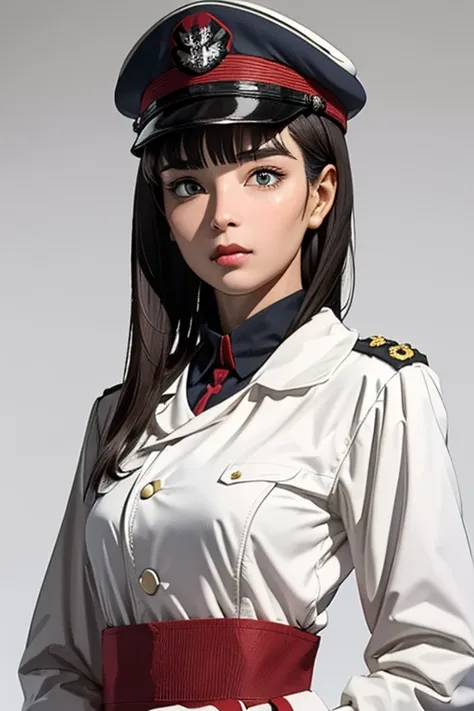 Highest quality　High resolution　Simple　White military uniform with a stand-up collar　army officers　military cap　class seal　white open coat　Baggy　Long bangs　Adult female　Casual expression　cute　Strong posture　Dynamic Lighting　（（head to waste:1.8））