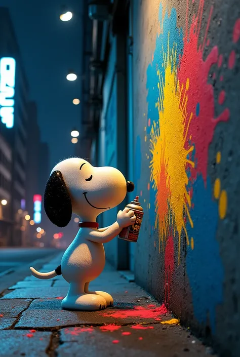 Snoopy doing illegal graffiti on the street 