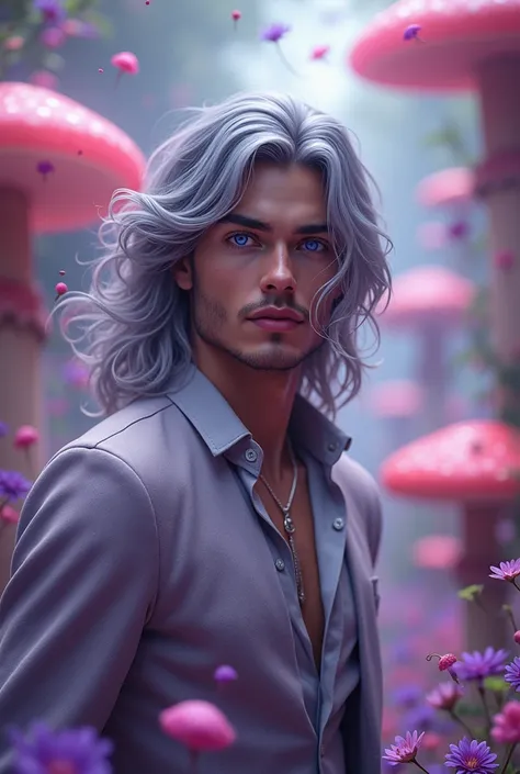 Prince man with purple eyes and gray hair (aesthetic) , that the prince is very attractive (beautiful, handsome in face and body), and that he is in wonderland 