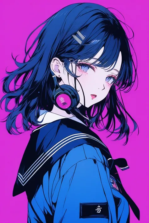 ((masterpiece,Highest quality)), 8k, anime , Realistic ,sketch, Portrait, 黒猫を連れたanimeの女性, 20-year-old, Blue gradient background, High school girl sailor uniform, Neon medium length hair, lip, Wear headphones, Texture Trim, Japanese, Upper Body, (masterpiec...