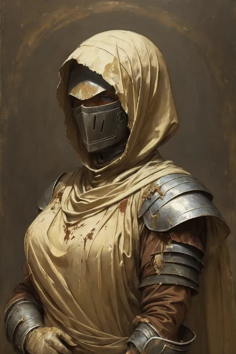 a painting of a cowering woman, gaunt, late 20s, arms wrapped in yellowing bandages, skin hidden behind dirty knight armor, bandages covered in dried blood and puss, disgusting, defiant fleeting eyes, in pain, old bandages wrapped tightly, mended armor pla...