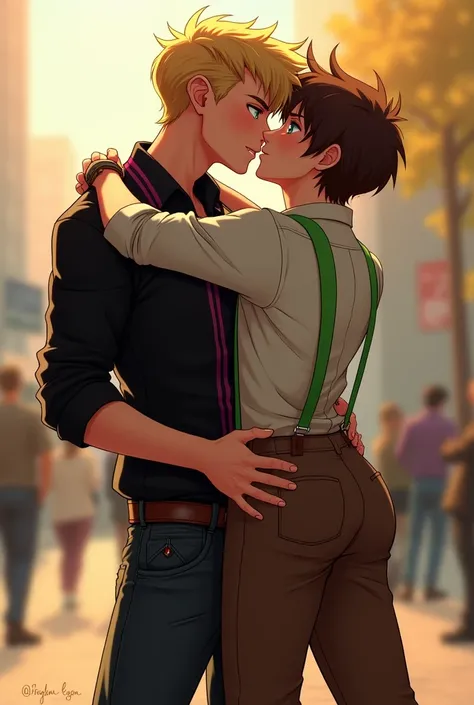 Jesse and Lukas, I want Lukas to be on top of Jesse kissing him. Lukas, blonde and aqua eyes, Hes holding Jesse . Jesse, brown hair and green eyes, He runs his hands over Lukas&#39;s shoulders. Jesse wears a black shirt with green suspenders, brown pants a...