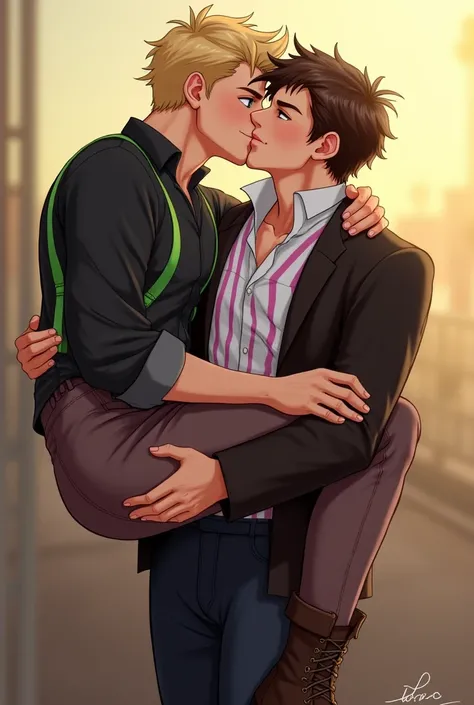 Jesse and Lukas, I want Lukas to be on top of Jesse kissing him. Lukas, blonde and aqua eyes, Hes holding Jesse . Jesse, brown hair and green eyes, He runs his hands over Lukas&#39;s shoulders. Jesse wears a black shirt with green suspenders, brown pants a...