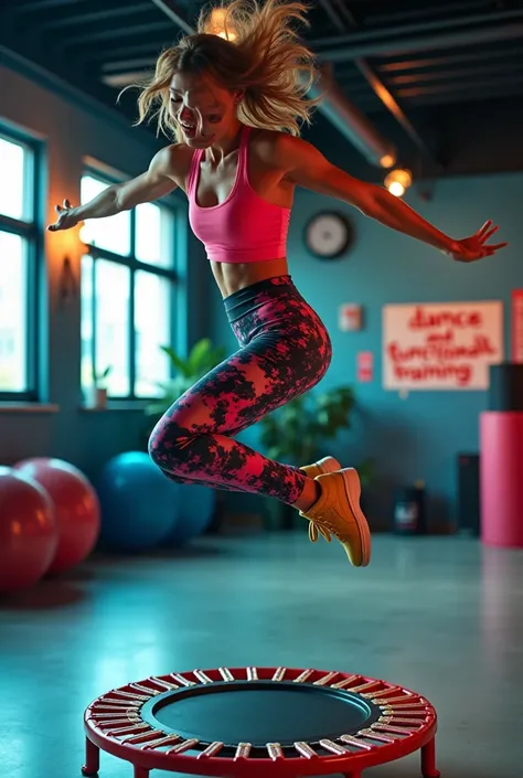 sign of a woman on a mini trampoline the company is called jump dance and functional training